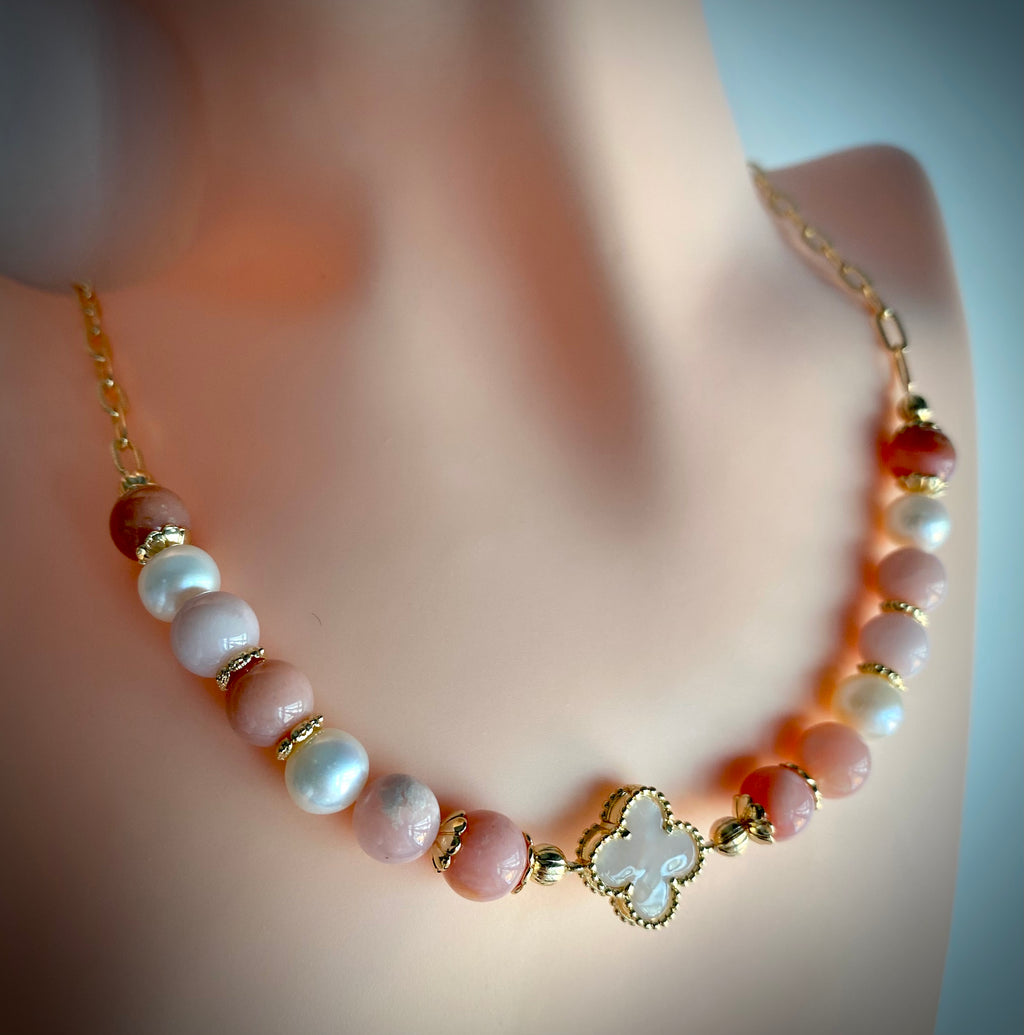 Pink Opal Pearly Charm Necklace