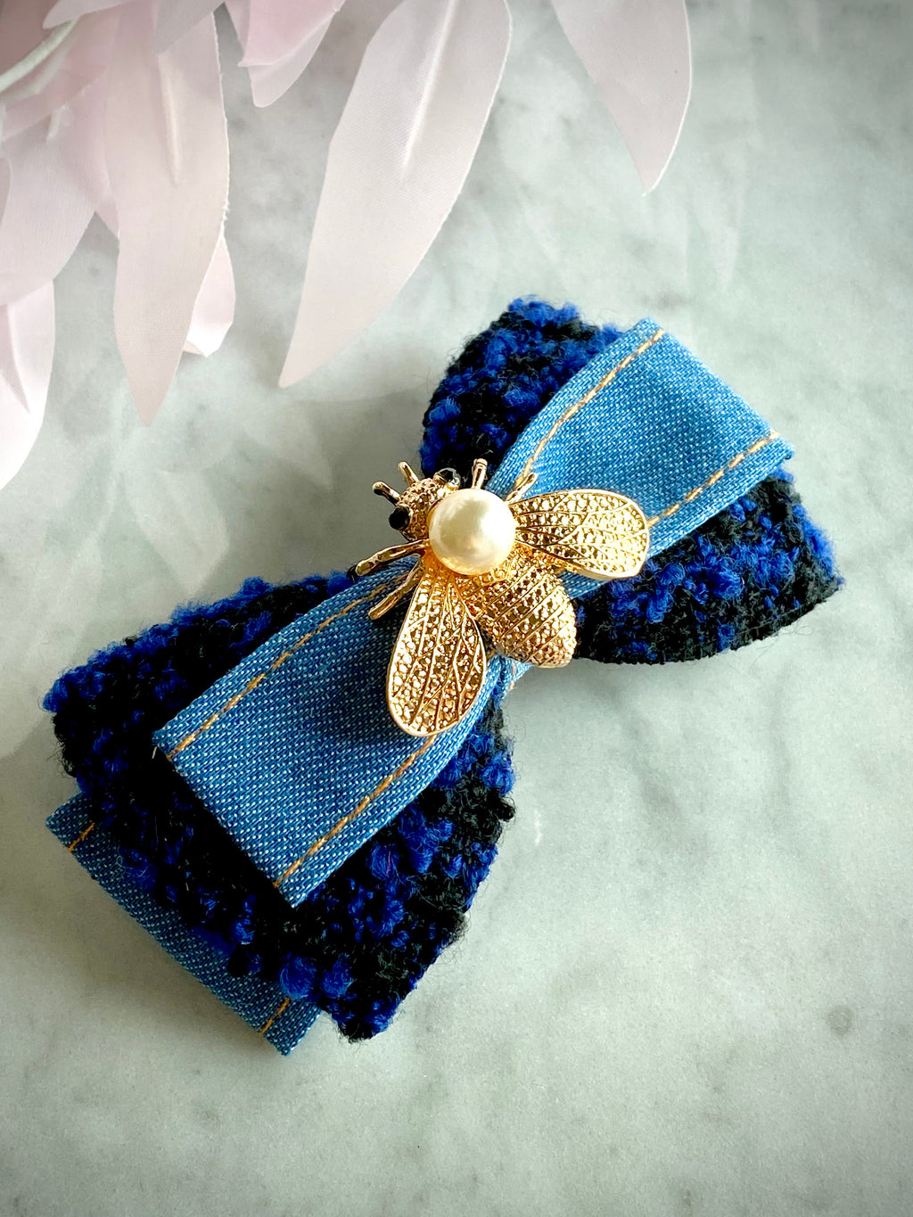 Premium Blue Denim Tweed Hair Clip Bow