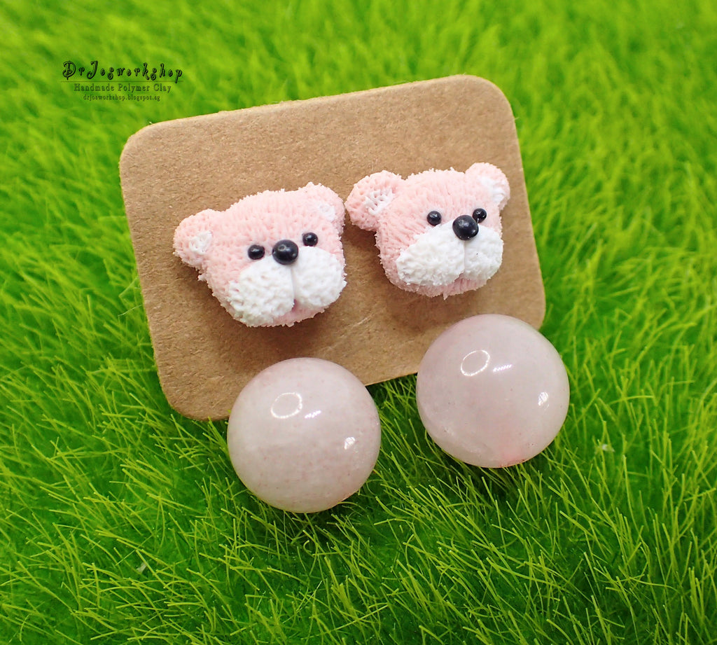 Fluffy Bear Earrings Pink